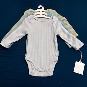Cloud Island Ribbed Long Sleeve Baby Bodysuit Set - White, Green, Tan